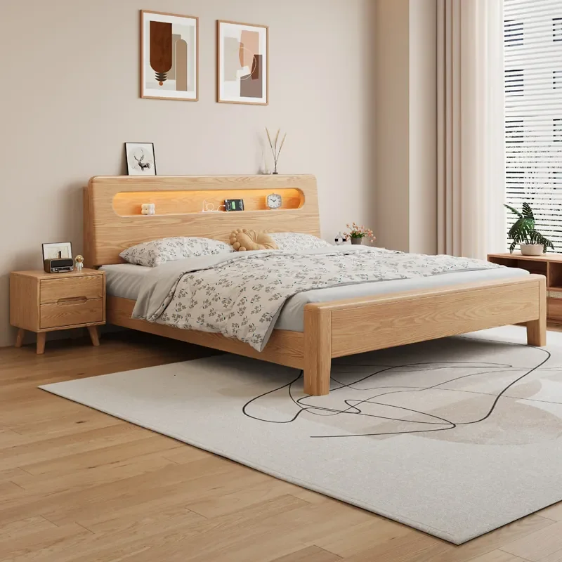 Nordic Solid Wood Bed for Ash Wood Master Bedroom Small Apartment Log Wind Modern 1.8m USB Night Light High Box Double Bed