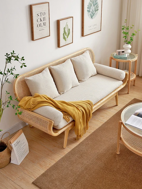 Dream space Nordic log rattan sofa three person coffee table combination living room solid wood cushion with backrest AliExpress