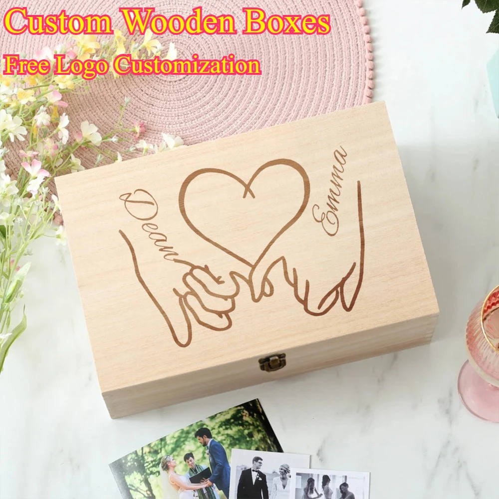 

1PC Custom Wooden Boxes With Lid Square Hinged Jewellery Craft Storage Box For Home Decoration DIY Hand-Made Commemorative gift