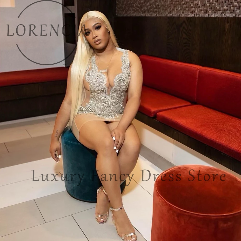 

Luxury Sparkly Crystal Prom Dresses 2025 Mini Skirt Diamond Sleeveless Wedding Party Gowns Customized Sexy فساتين الي صعب
