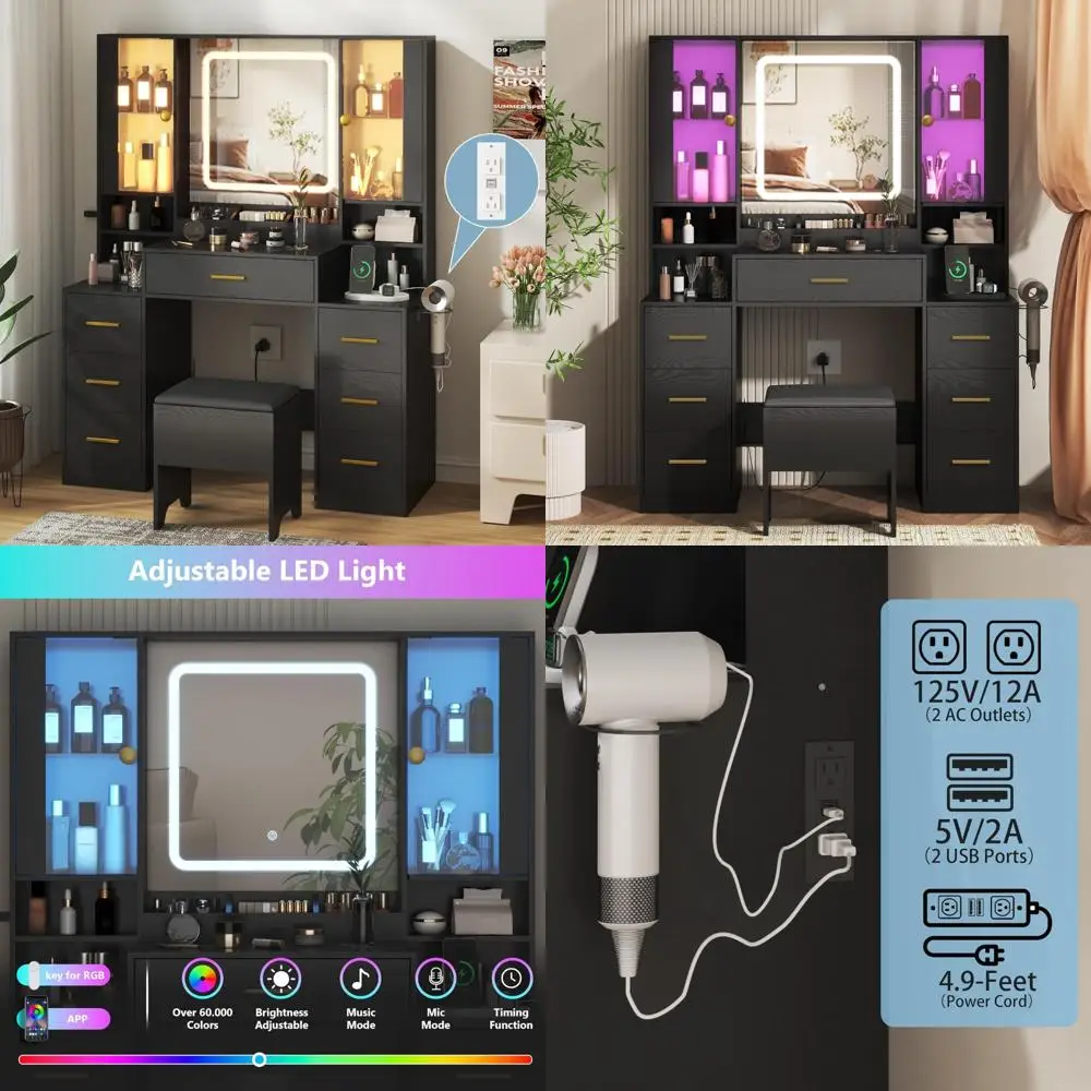 LED Lighted Makeup Vanity Desk with Mirror, Black Glass Cabinet and Chair, Dressing Table with Storage for Beauty Essentials