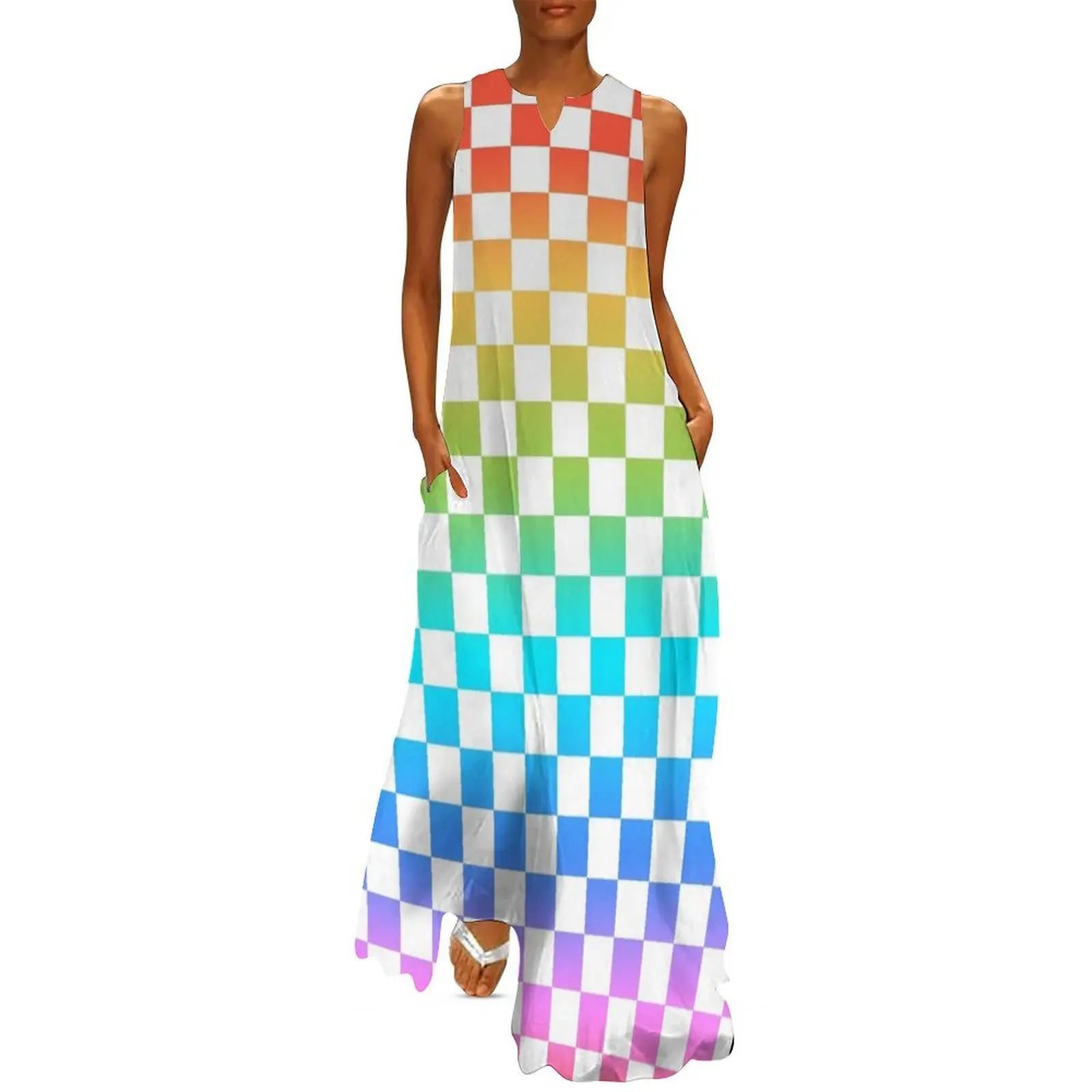 

Rainbow Checkerboard Long Dress Evening dresses wedding guest dress 2025 loose women's dress