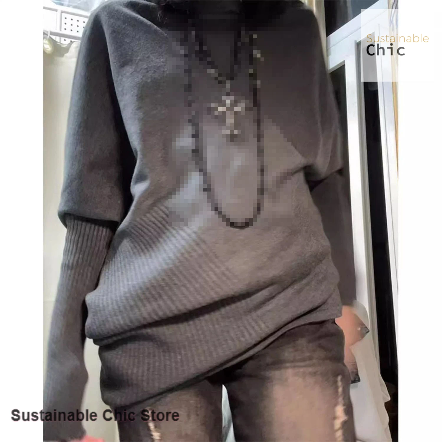 

Korean-style dark gray pile collar long-sleeved sweater women's autumn and winter new retro loose irregular Bat sweater top