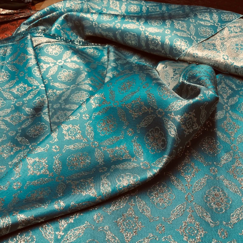 

Fabric Wide 150cmx50cm Blended Lake Blue Ethnic Brocade Jacquard Geometric Printing and Dyeing Yarn-Dyed DIY Hand-Stitched Coat