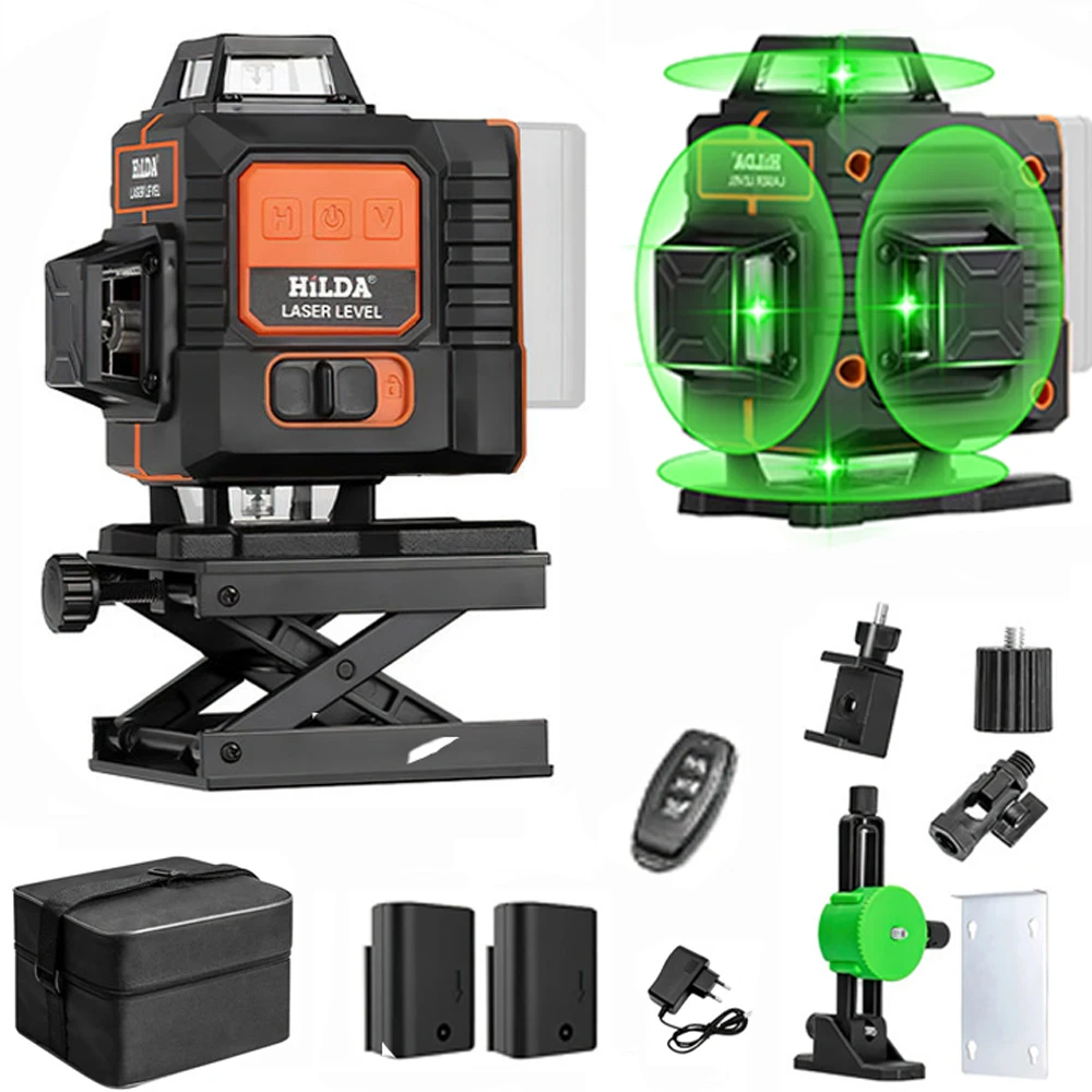 Niveau laser 4D à 16 lignes, niveau laser vert, ligne verte, 360 degrés, auto-nivelant, horizontal et vertical, niveau laser super puissant