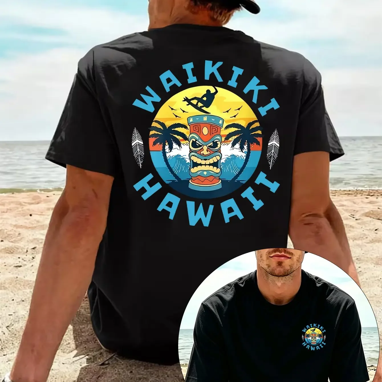 Men Hawaiian Beach T Shirt 100% Cotton Waikiki Surf Style Tiki Graphic Print Vintage Tropical Vacation Casual Summer Tee