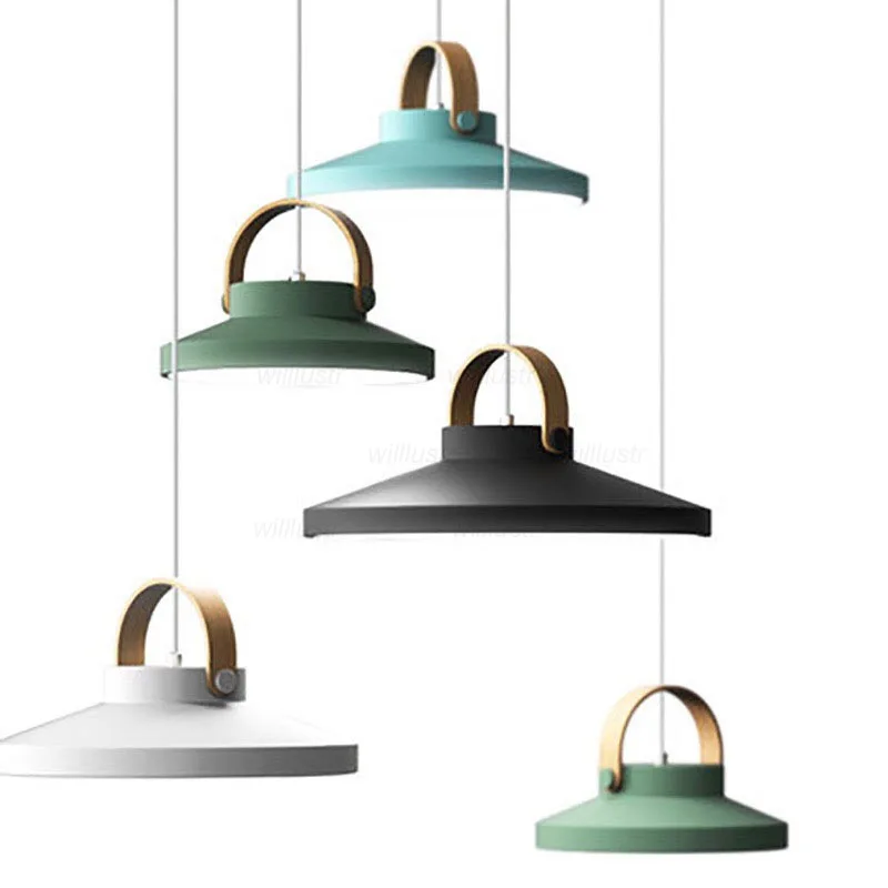 Macaron Color Metal Pendant Lamp Creative Wood Ring Suspension Light Hotel Cafe Bar LED Hanging Ceiling Chandelier