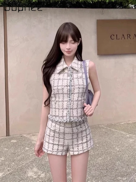 

High End Celebrity White Pink Plaid Wool Vest Top + Skinny Shorts Versatile Temperament Two Piece Sets Womens Outifits Spring