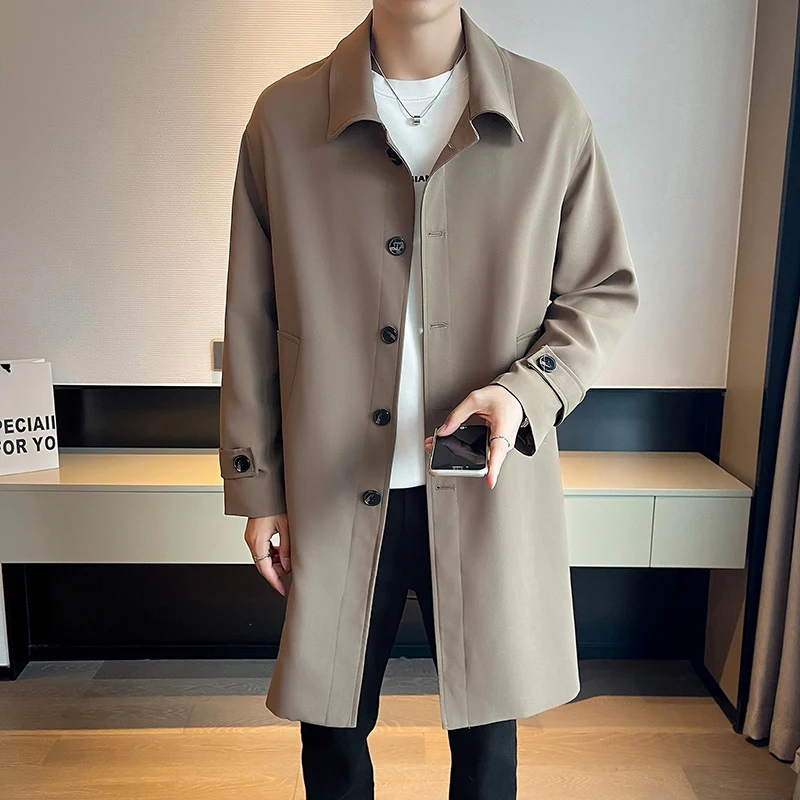 

Универсальное мужское осеннее пальто средней длины, легкое, свободного кроя, в корейском стиле, с отложным воротником, модная верхняя одежда
