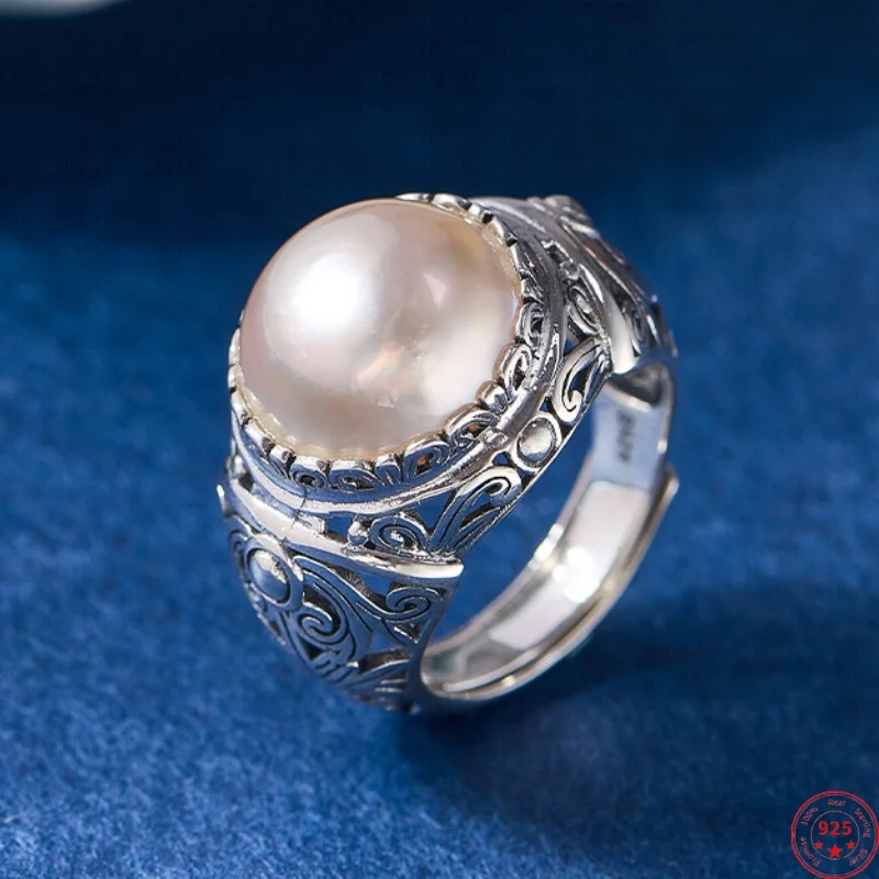 

S925 Sterling Silver Charms Rings for Women New Fashion Hollow Carving Flowers Inlaid Mabe-pearl Ancient Jewelry Free Shipping