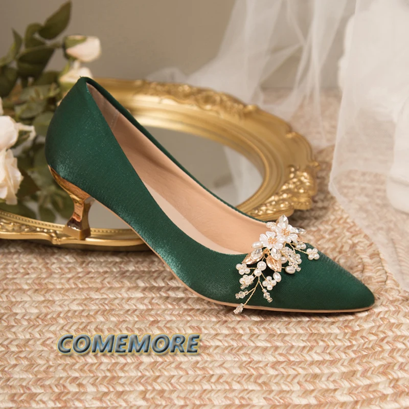 Flowers Pointed Toe Pumps for Women\'s 2023 New Green Silk Low Heels Shoes Woman Slip on Thin Heeled Lady Shoes Green Party Shoes