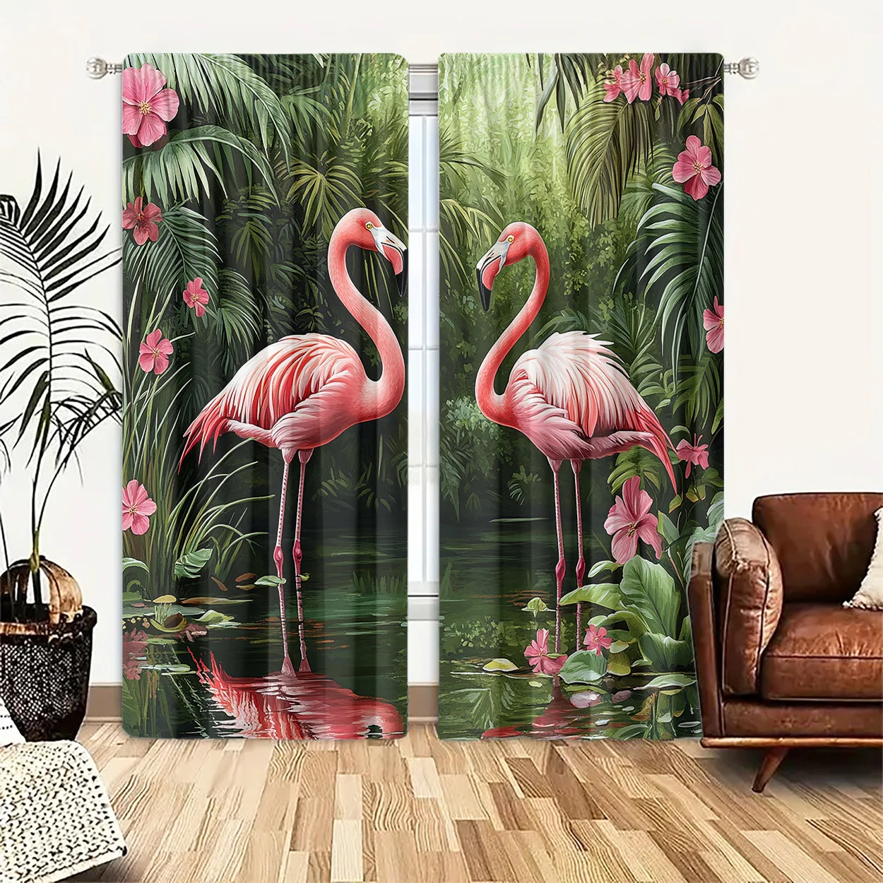 Tropical Flamingo Palm Curtain 2 Panels,Jungle Pink Floral Water Reflection Lush Green Print,Drapes for Bedroom Vacation Curtain