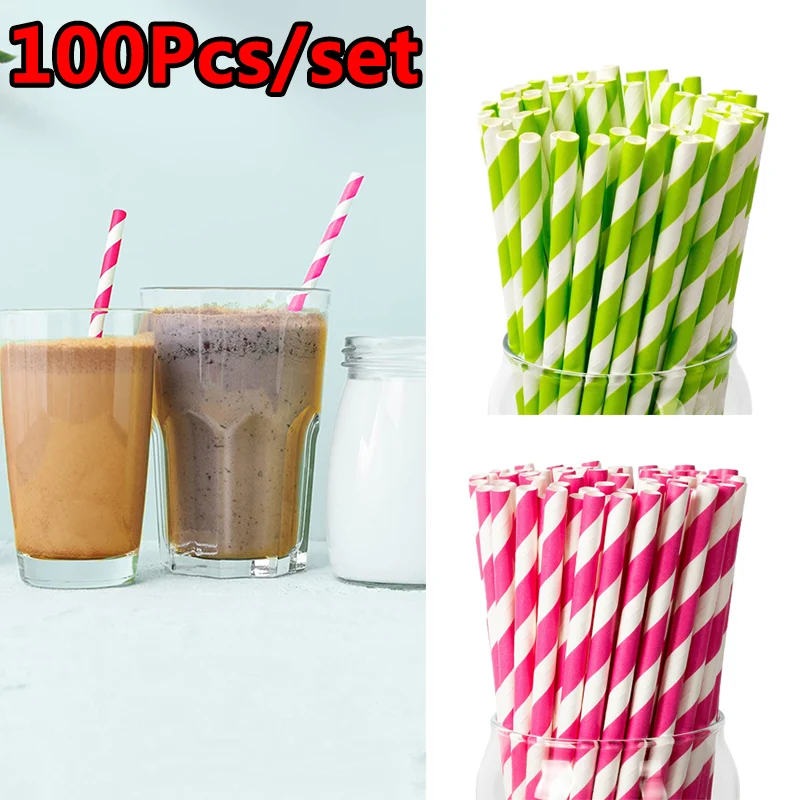 100Pcs Macaron Disposable Straws Colorful Stripe Paper Straws For Birthday Wedding Drinking Straws Supplies