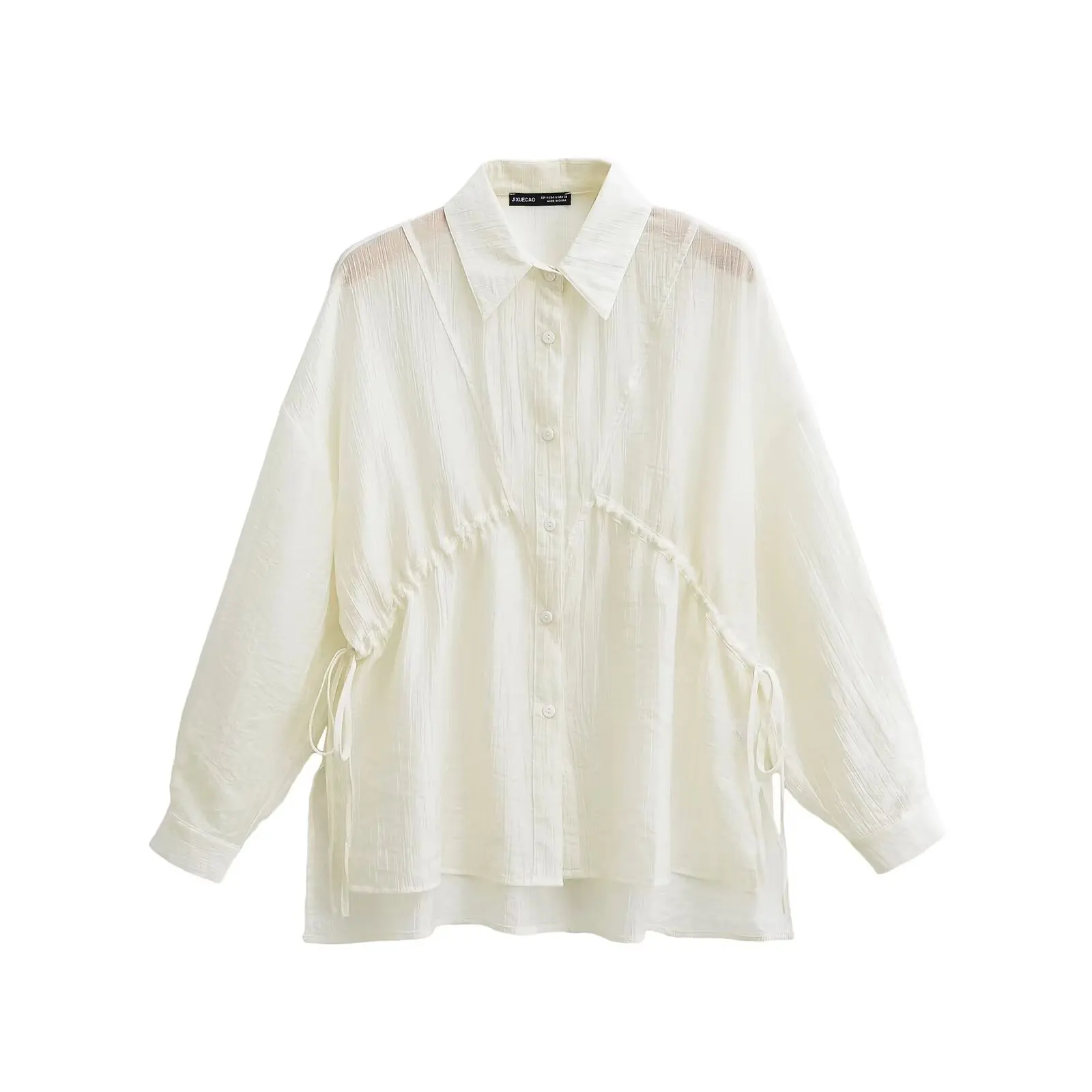 JNLEAOG 春の新作レディースファッションシャツ ベルト付き ルーズフィット ポリエステル繊維 長袖 無地 ターンダウンカラー