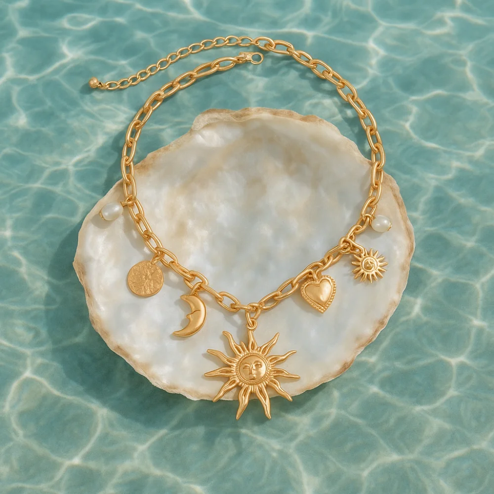 الإبداعية الأزياء الشمس القمر قلادة خمر القلب سلاسل المختنق سبيكة الرجعية المبالغة قلادة الشاطئ