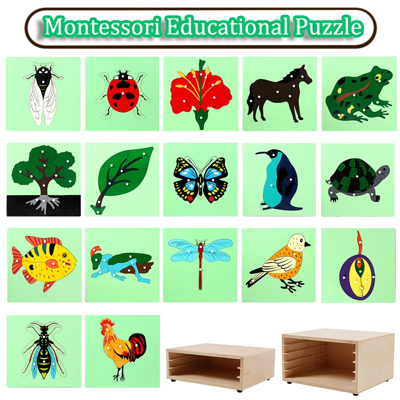 Montessori Parish Learning Puzzles Toys Wooden Animal Plant Grasping Board Jigsaw Sensory Cognition Open Teaching Aids Material