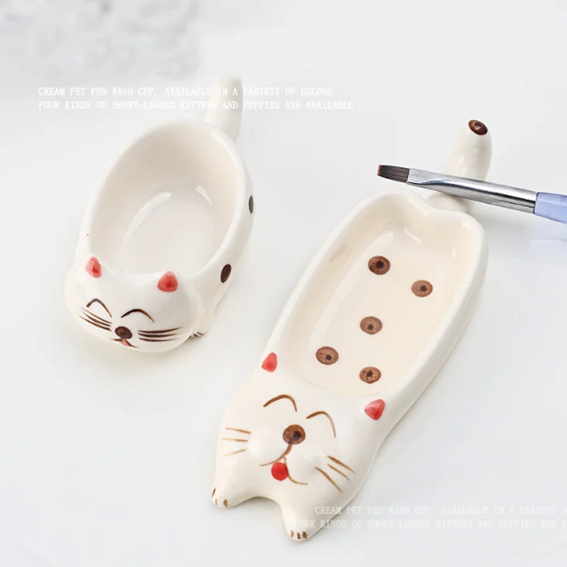 Nail Art Pen Wash Cup Cute Animal Nail Color Palette Nail Brush Washing Tray Nail Pen Holder Ceramic Cartoon Pen Accessories