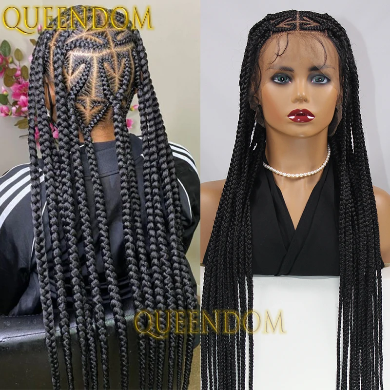 Full Lace Synthetic Box Braid Wig 36 Inch Distressed Jumbo Cornrow Plaits Braided Wig Knotless Heart Shape Braids Wig for Women