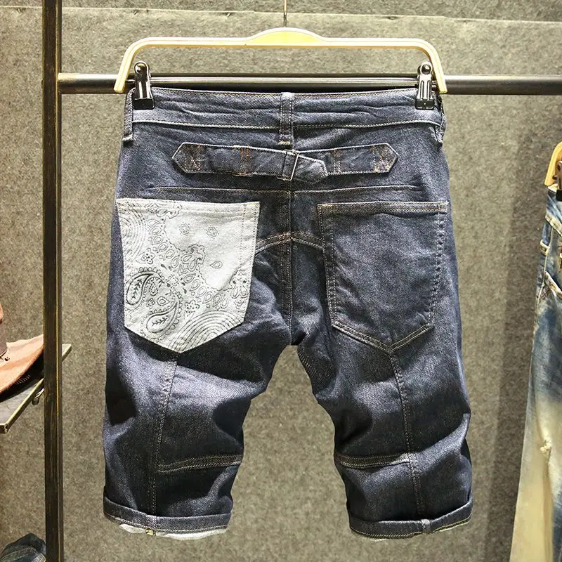 

Summer Thin Denim Shorts Men's Fashion Label Patchwork Korean Slim Fit Elastic High-end Jeans Pants Streetwear Clothing Hiphop