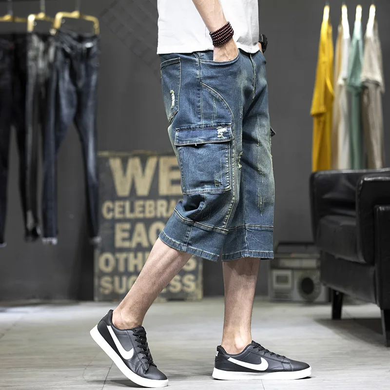 Cargo Man Denim Shorts Knee Length Half Long Bermuda Short Jeans Pants for Men with Pockets Blue Luxury Jorts Thin Streetwear