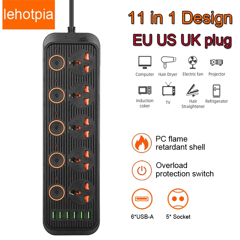 Multiprise Smart Home Network Filter Power Strip With Extension Cord USB Port AC Separate Control Outlet EU US UK Universal Plug