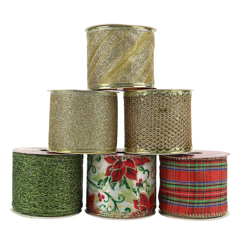 

AF89-Christmas Tree Ribbon 6 Rolls 36 Yards Ribbon For Christmas Tree Decoration Wired Ribbon For Wreaths Topper Bow Making