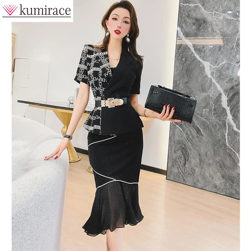 

2023 New Korean Spring and Summer Premium Print Suit Jacket Half Dress Two Piece Set Elegant Temperament Women's Short Dress Set