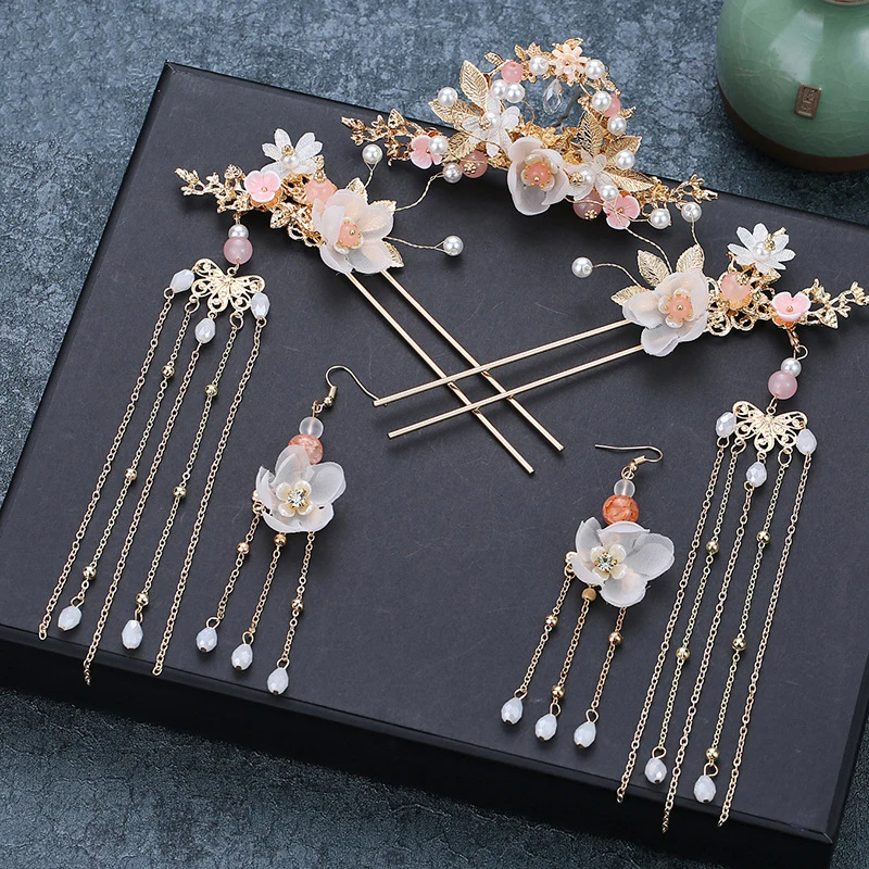 

Retro Chinese Women Headdress Bride Show Harvest Hair Crown Earrings Hairpin Sets Decorations Travel Photography Cosplay Access