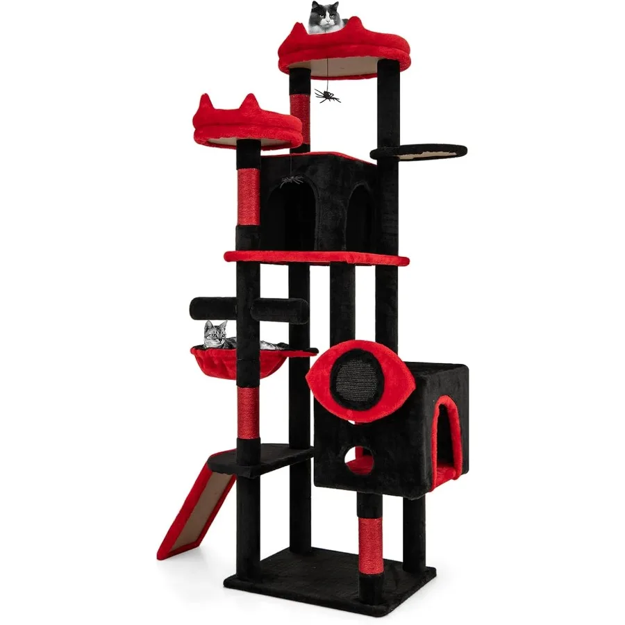 

Gothic Cat Tree Large Spooky Cat Tower with Sisal Scratching Posts Ramp 2 Cat Condos 2 Devil Ear-Shaped Perches Spider Toys Bat