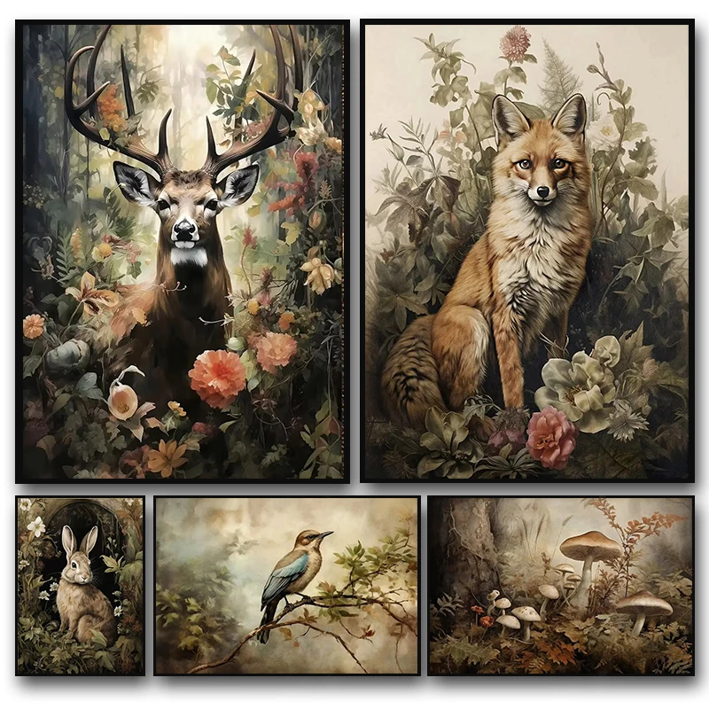 Affiche d'animaux esthétiques Vintage Dark Academia, lapin, cerf, corbeau, renard, imprimés, peinture sur toile, images d'art murales pour décoration de chambre et de maison