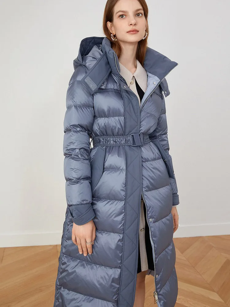 Winter Long Women\'s Down Jacket 2022 New Fashion White Duck Down Coats With Belt Ladies Blue Slim Thicked Warm Hooded Parkas