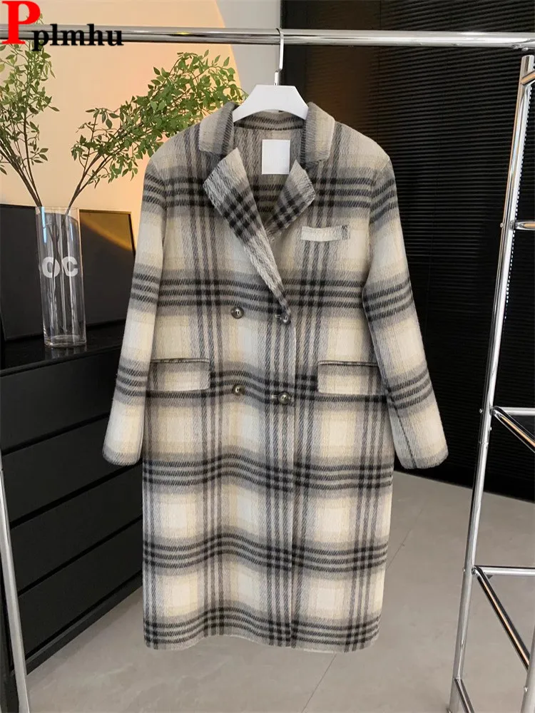 

Plaid Loose Wool Blend Jackets Tops Korea Fashion Double Breasted Lapel Woolen Coats Women Casual Elegant Long Overcoat Blusas