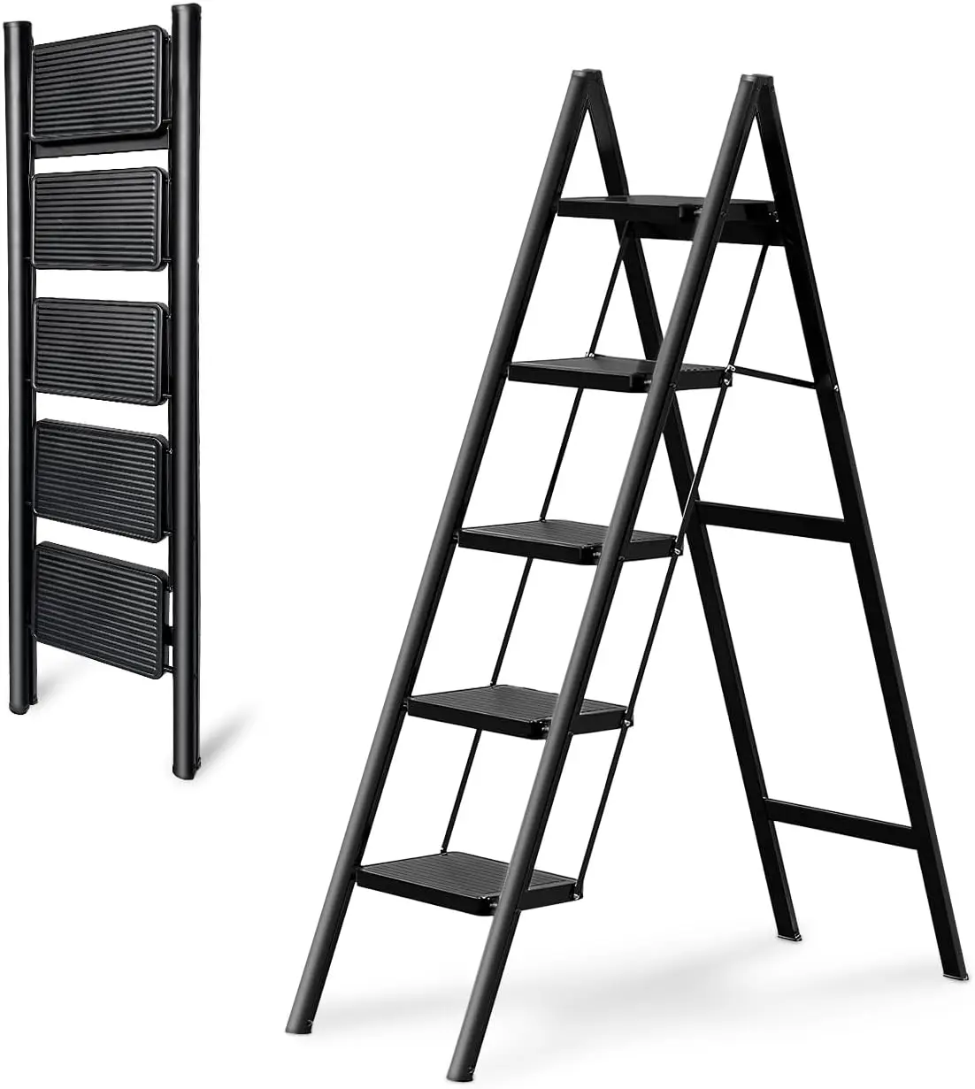 Escalera Plegable de 5 Peldaños, Resistente para el Hogar y la Cocina, Fácil de Guardar, Escalera Antideslizante que Ahorra Espacio con Capacidad para 330 Libras