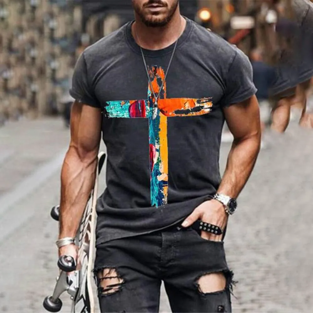 Men's printed colorful cross pattern 3D shirt clothing large T-shirt casual sports trend hip-hop short sleeves