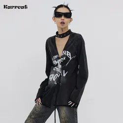 Karrcat Grunge Aesthetics Distressed Shirt Cyber Y2k Black Blouses Gothic Graffiti Print Shirts Yamamoto Style V-neck Clothes