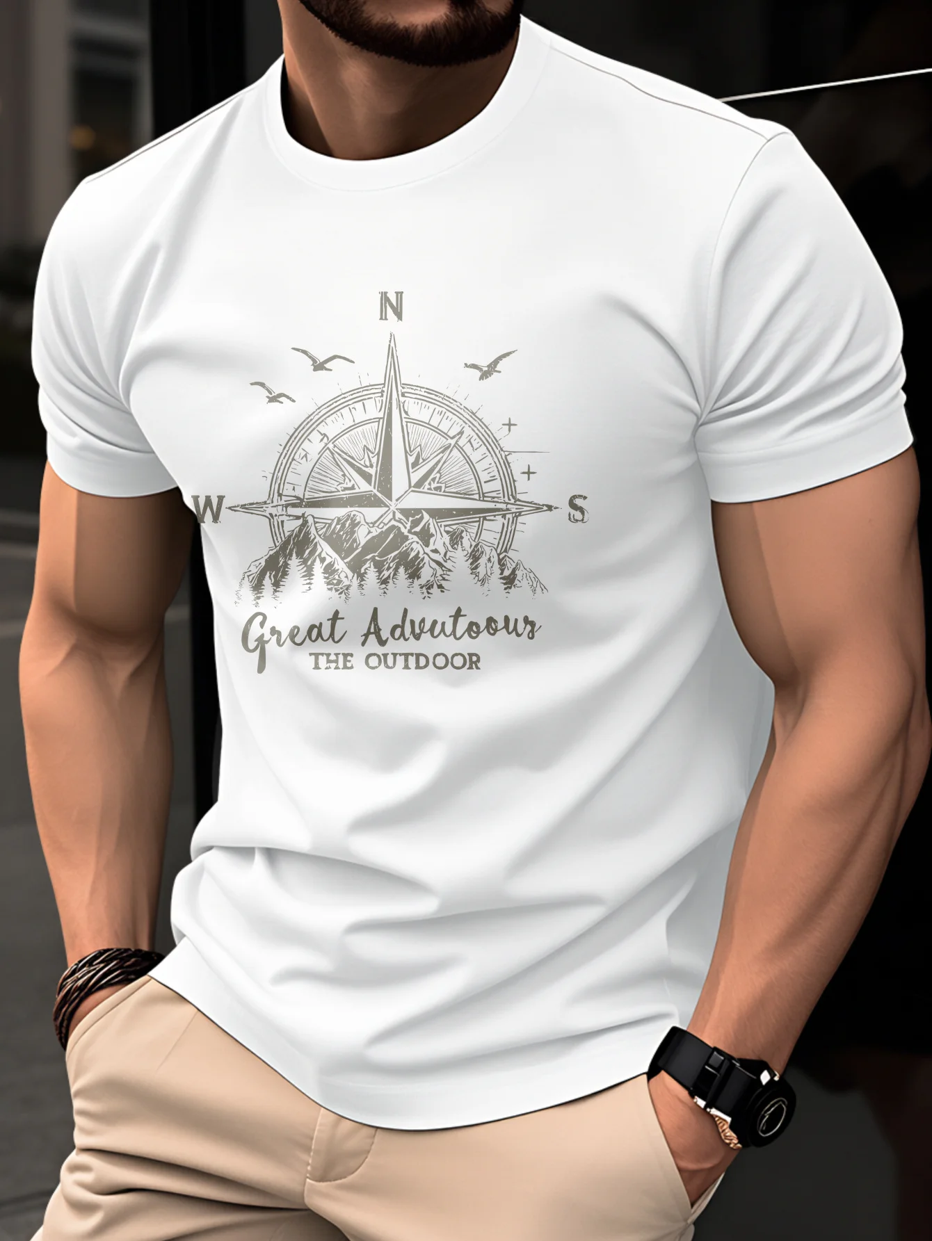 Summer men's 100% pure cotton casual fashionable loose retro compass mountain pattern printed round neck short sleeved T-shirt image 3