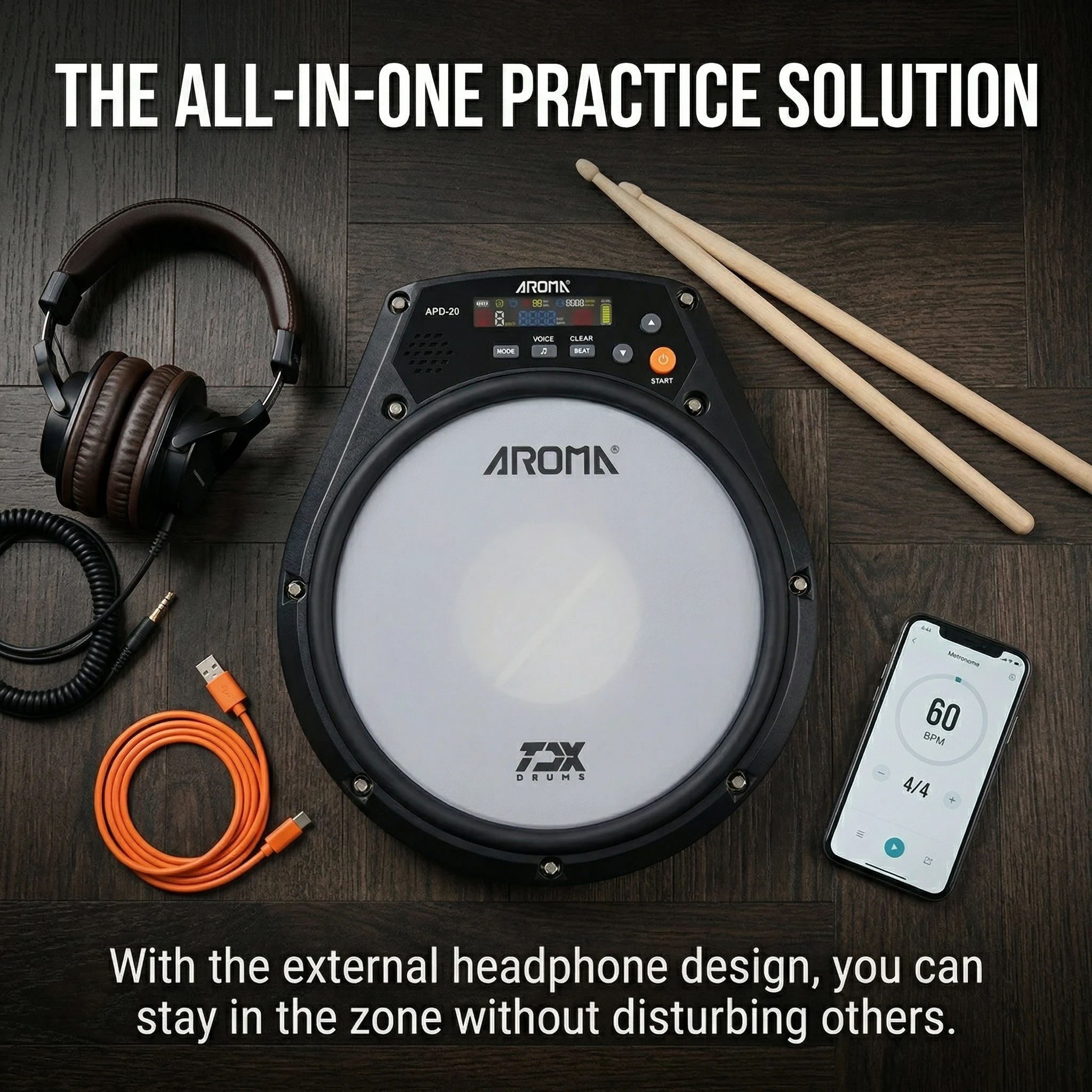 Aroma APD-20 Dumb Drum Pad Adjustable Mesh Surface Portable Training Percussion Music Parts for Silent Drum Practice Studio view 5