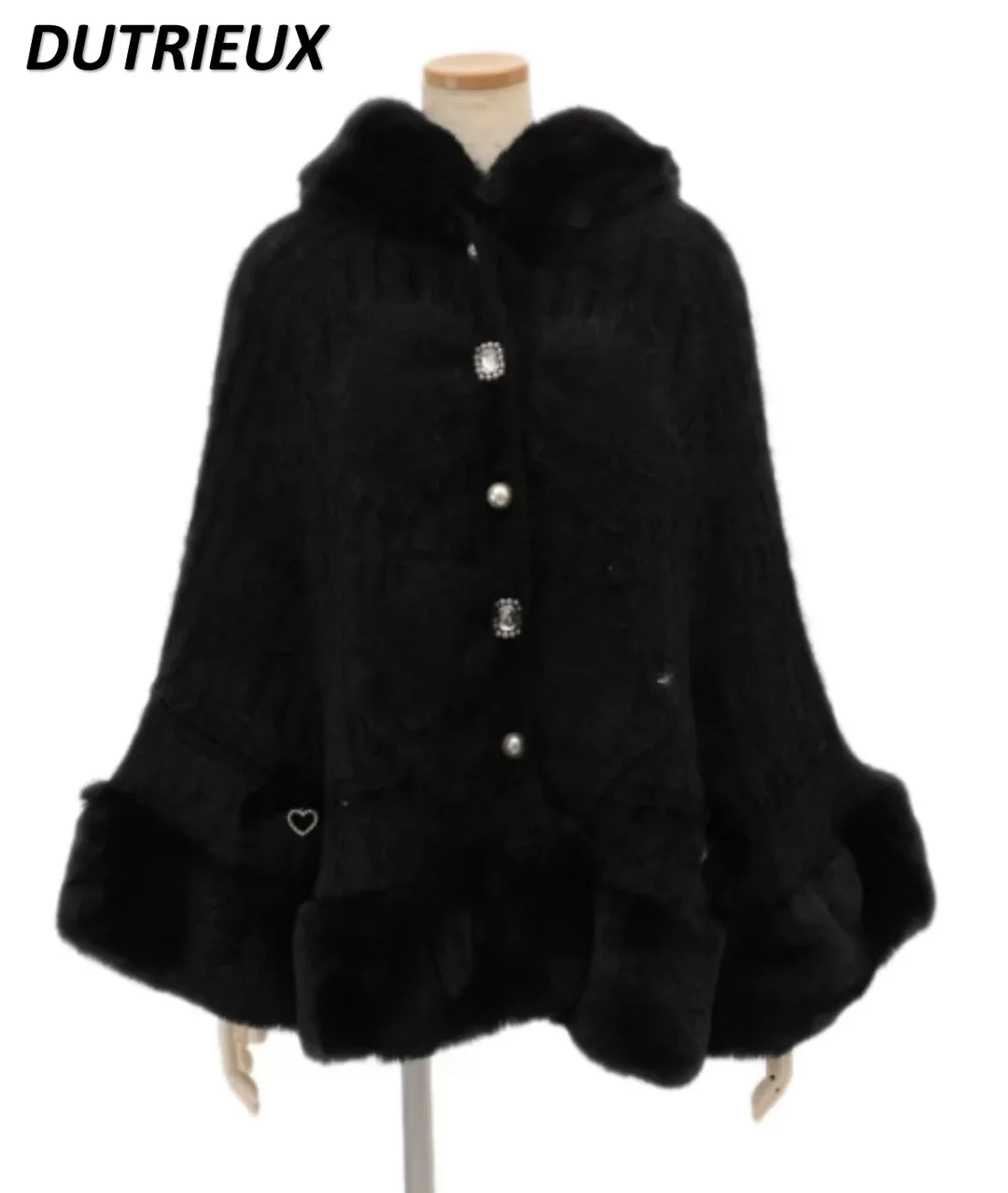 Japanese Style Sweet Cute Faux Rabbit Fur Cape Coat Women\'s Winter Hooded Single-Breasted Batwing Sleeve Sweater Cardigan