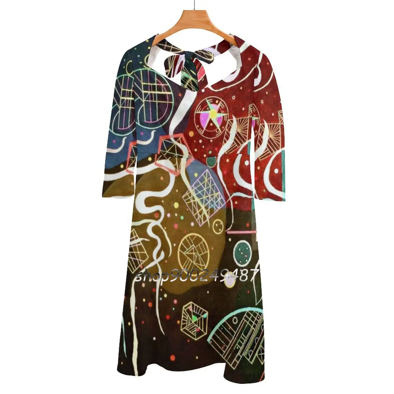 Kandinsky-Movement I , Abstract Art Sweetheart Knot Flared Dress Fashion Design Large Size Loose Dress Movement I Abstract Art