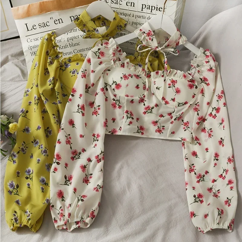 2023 New Spring Sweet Floral Print Folds Ears Short Chiffon Women's Clothes Slash Neck Puff Sleeve Tops Gothic Elegant T-shirts