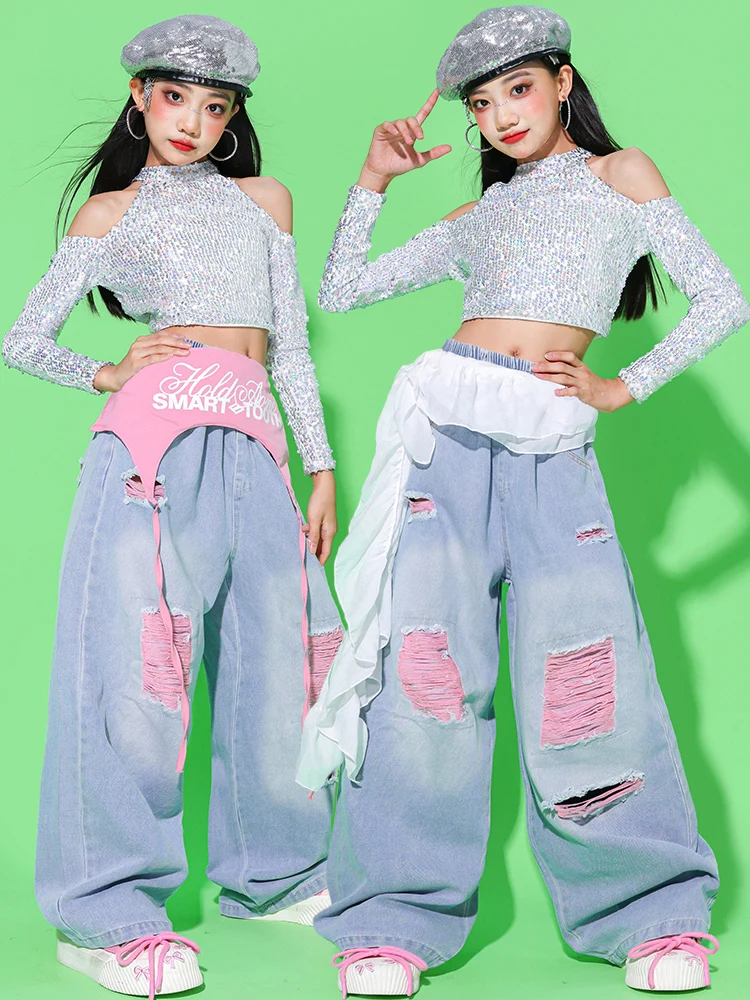 Girls Kpop Dance Costume Kid Jazz Stage Show Performance Clothing Silver Sequins Top Hip Hop Denim Pants Street Dance Wear 2748