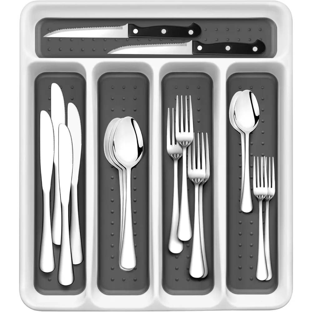 

24-Piece Silverware Set for 4 - Mirror Polished Flatware, Dishwasher Safe - with 5-Compartment Non-Slip Drawer Organizer