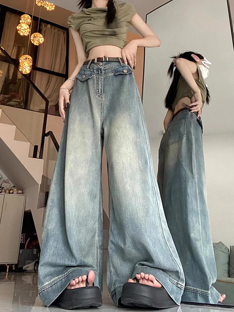 Primavera donna Vintage Y2k Jeans larghi vita alta pantaloni americani oversize Denim gamba larga Streetwear pantaloni di base dritti