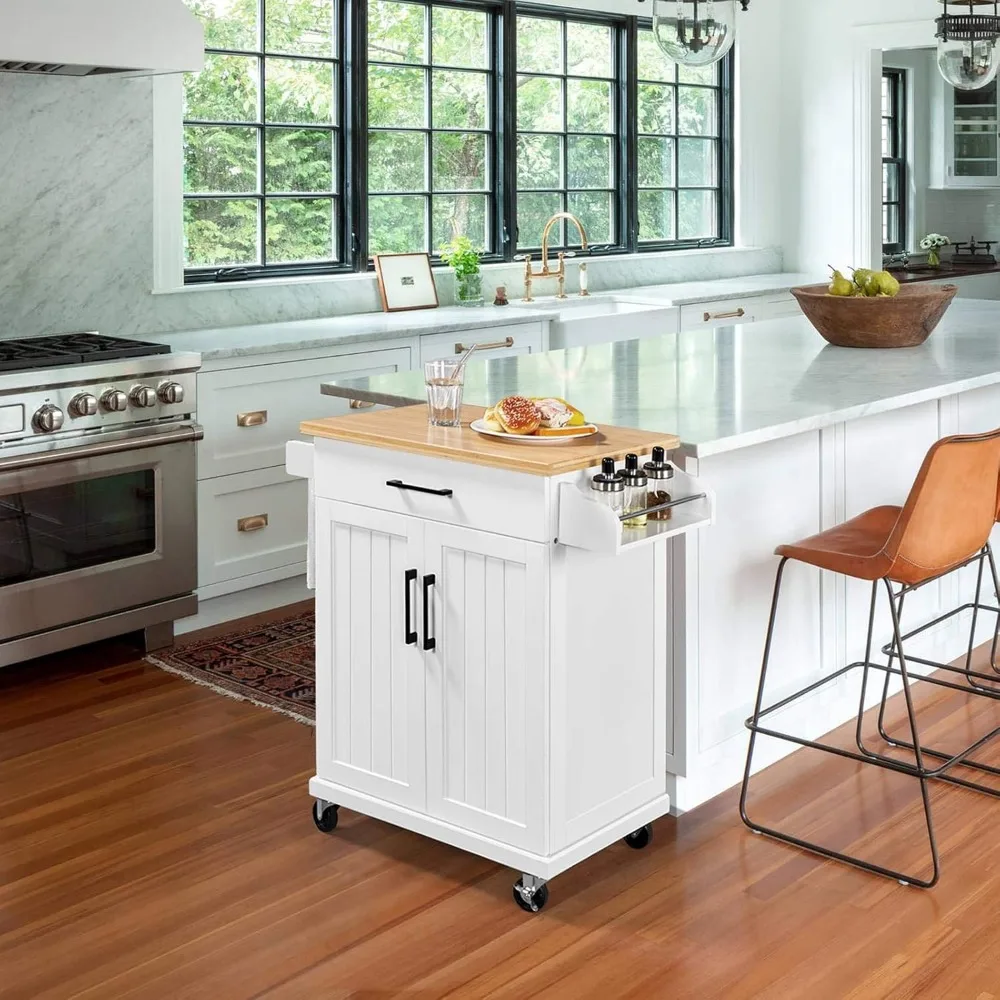 Kitchen Cart with Bamboo Tabletop, Width Rolling Kitchen Island with Drawer and Adjustable Shelf, Storage Cabine