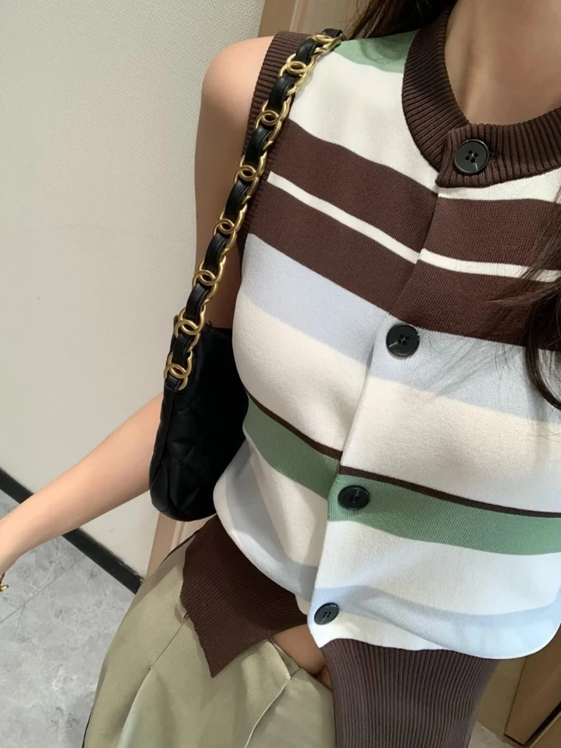 

Вязаный жилет Heidd Sw2025 весна-лето в полоску с завышенной талией, модный, для повседневной носки, облегающий, цельный