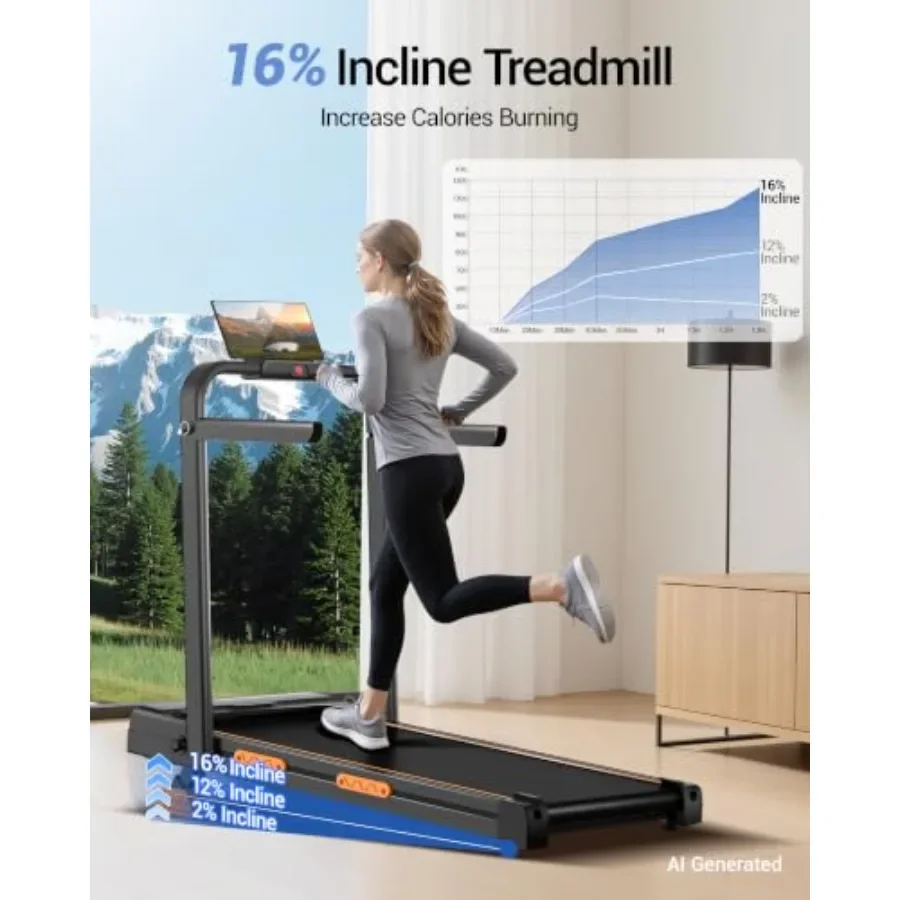 Walking Pad for home use, aluminum alloy frame, black, 16 incline and 4-in-1 foldable design with handles