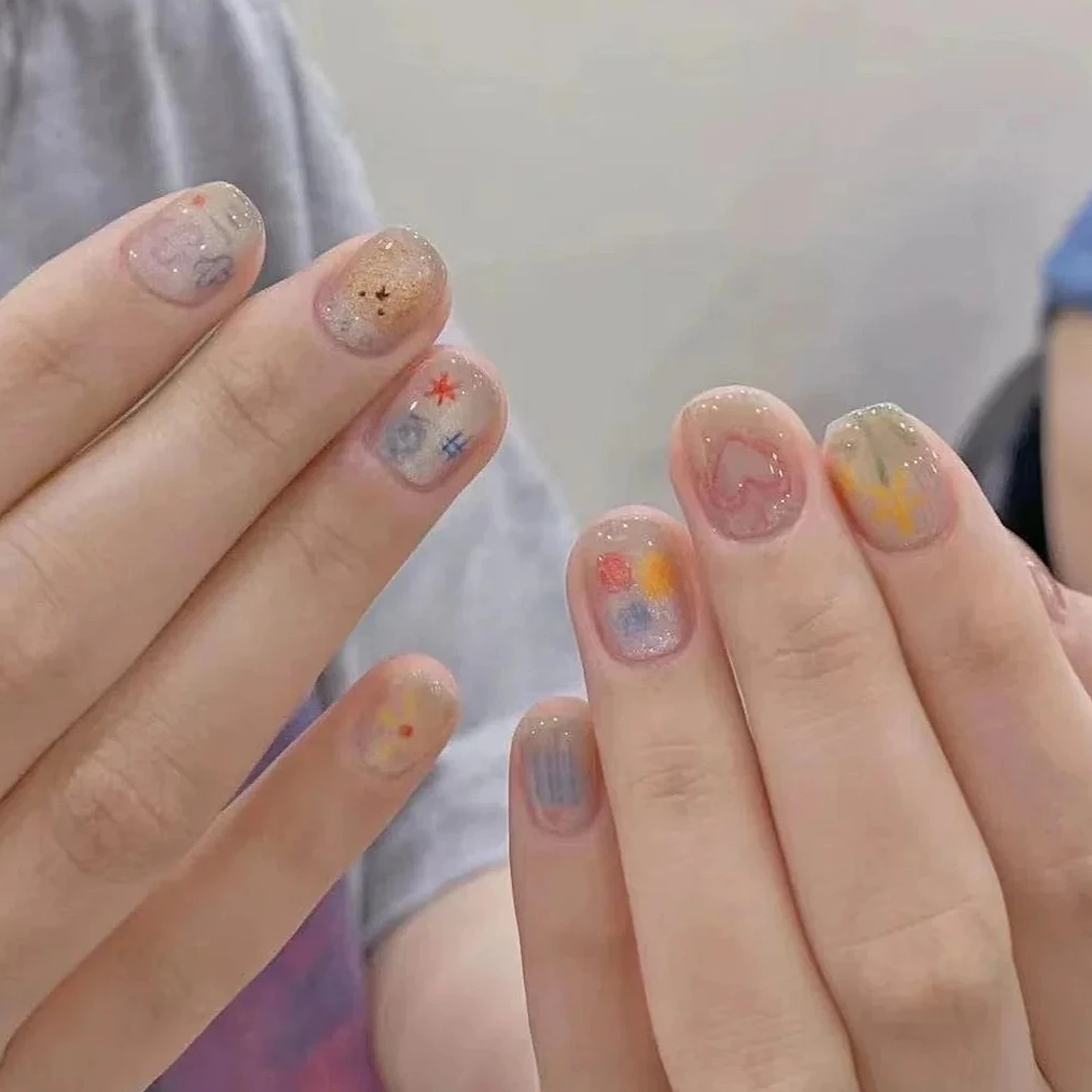 

10PCS Short Square Round Press on Nails Handmade Colorful Bubble Cat Eye Dopamine Glossy Sweet Candy Fake Nail Tips