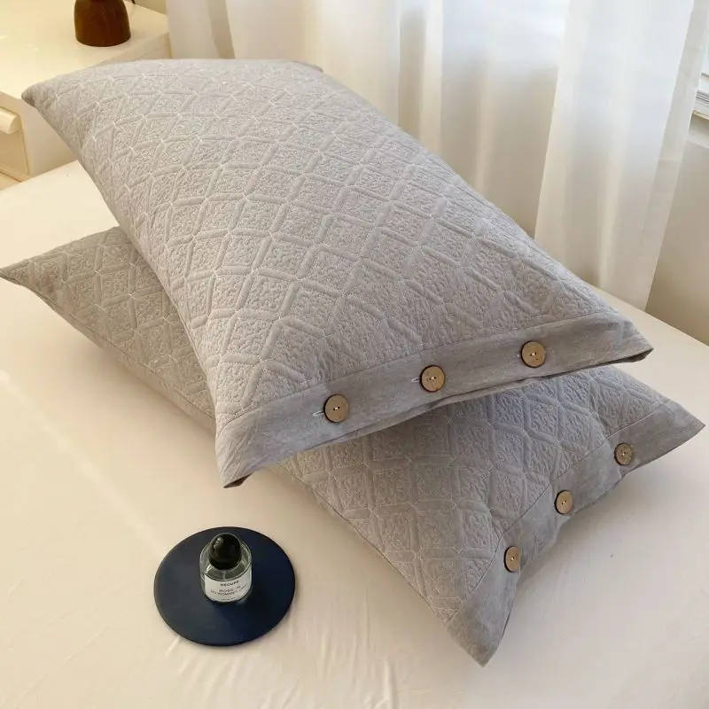 2Pcs Light Gray Quilted Pillowcases Soft Cotton Linen Blend Button Closure Geometric Embossed Pillow Covers For Bedroom Bed Home
