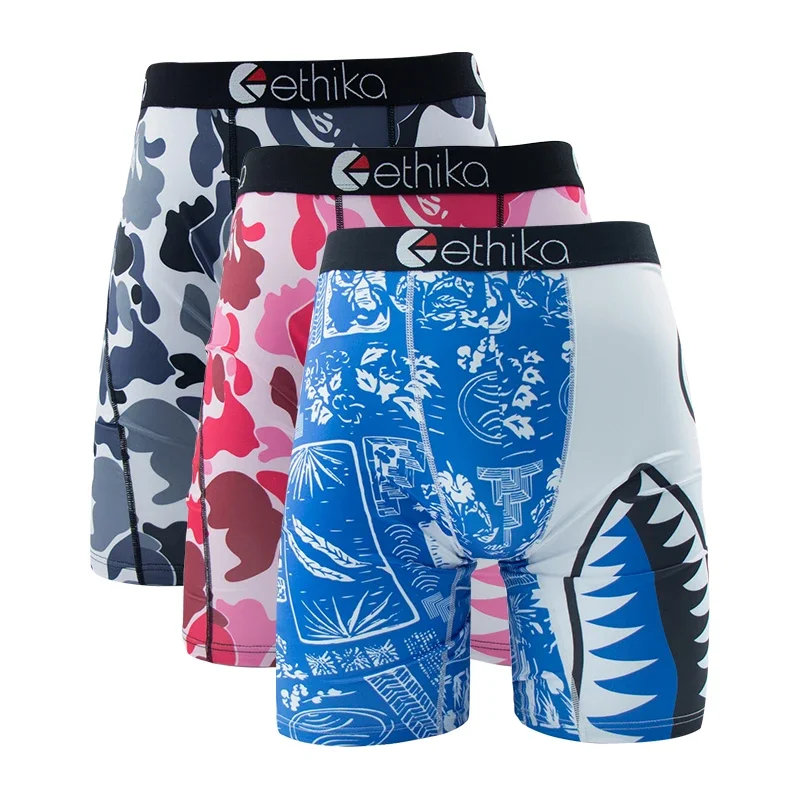 3Pcs ETHIKA Fashion Sexy Men Underwear Boxers Shark Print Man Underpants Sports Panties Lingeries Boxer Briefs Trunks Plus Size