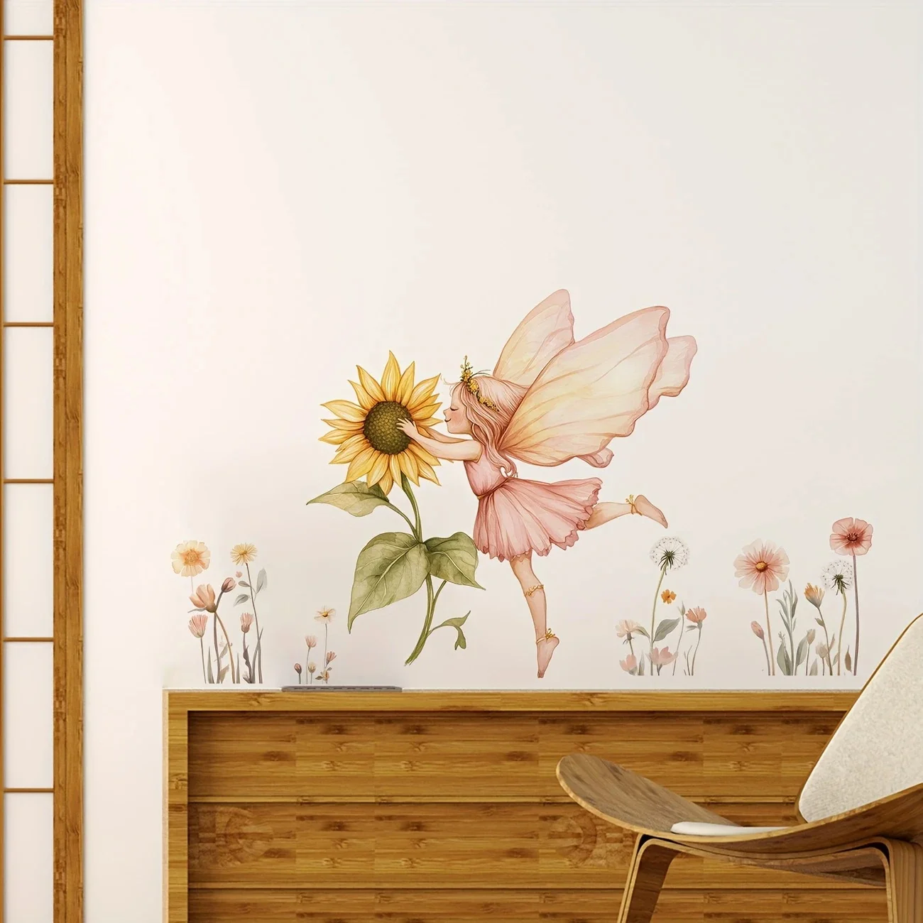 MT1098# Sunflower and Fairy Girl Plant Butterfly Wall Stickers for Living Room Girl Bedroom Background Self-Adhesive Decorative